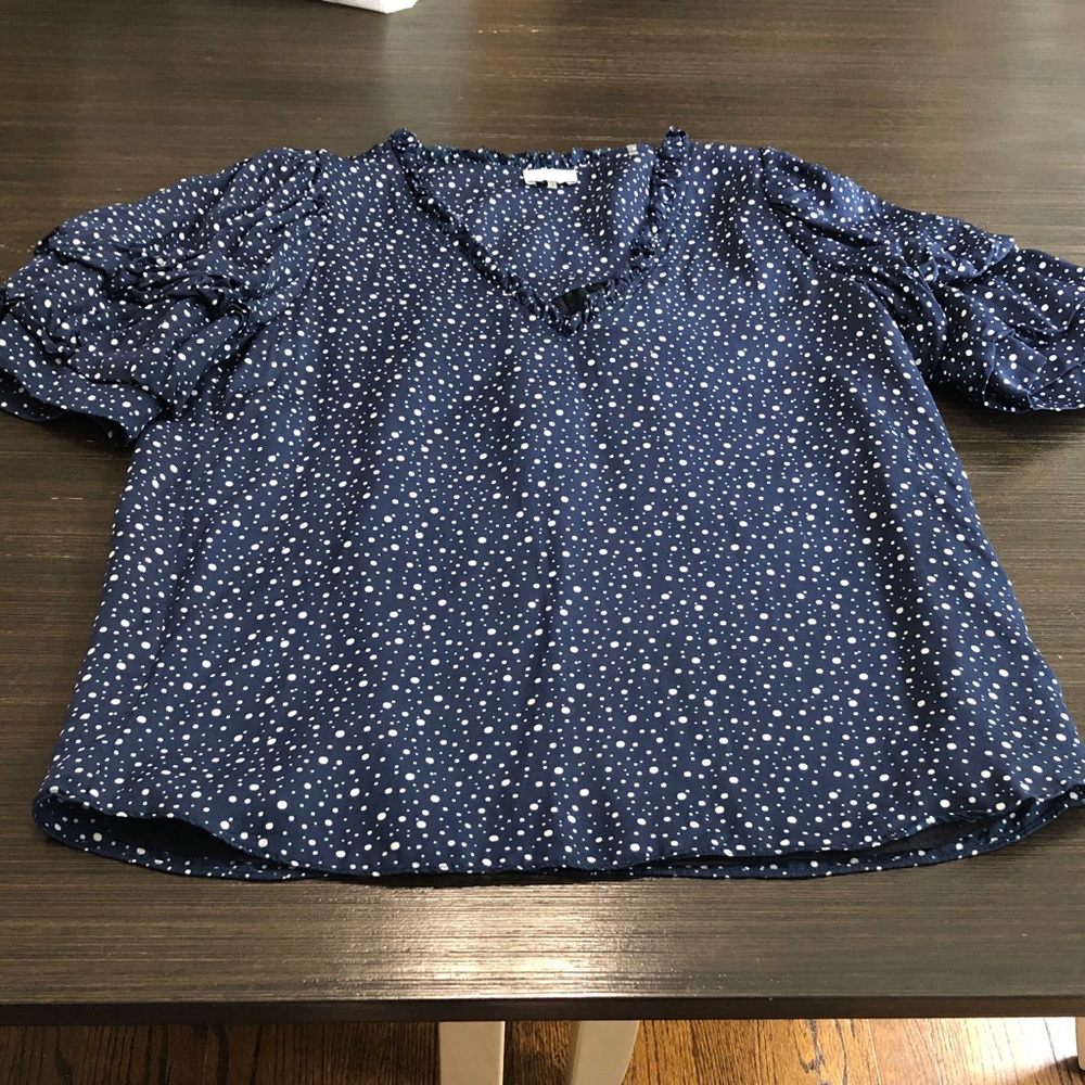 ecru Navy Blue Polka Dot V-Neck Blouse